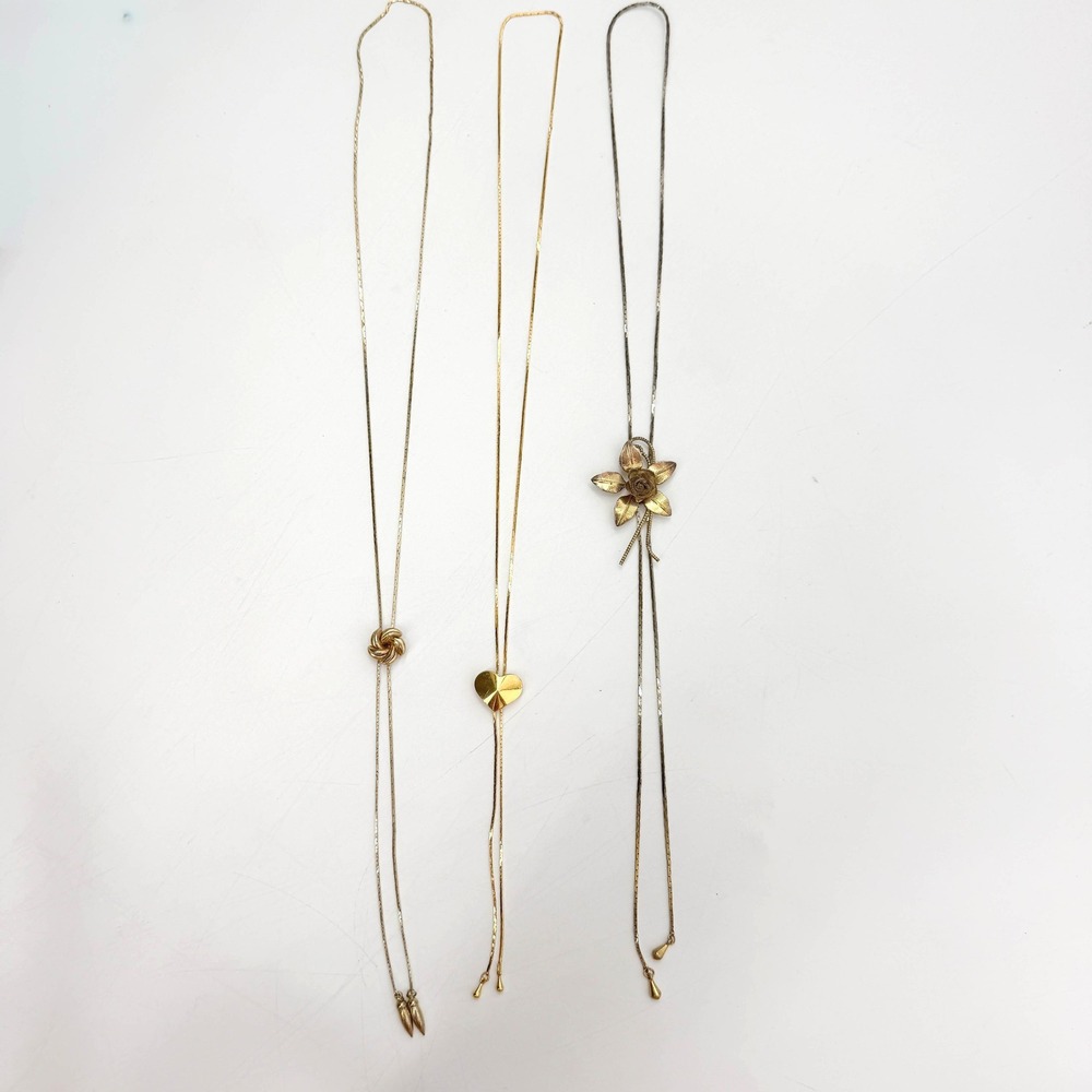 Vintage Gold Tone Bolo Tie Necklace Set Heart Rose Flower Love Knot Slider 3pc